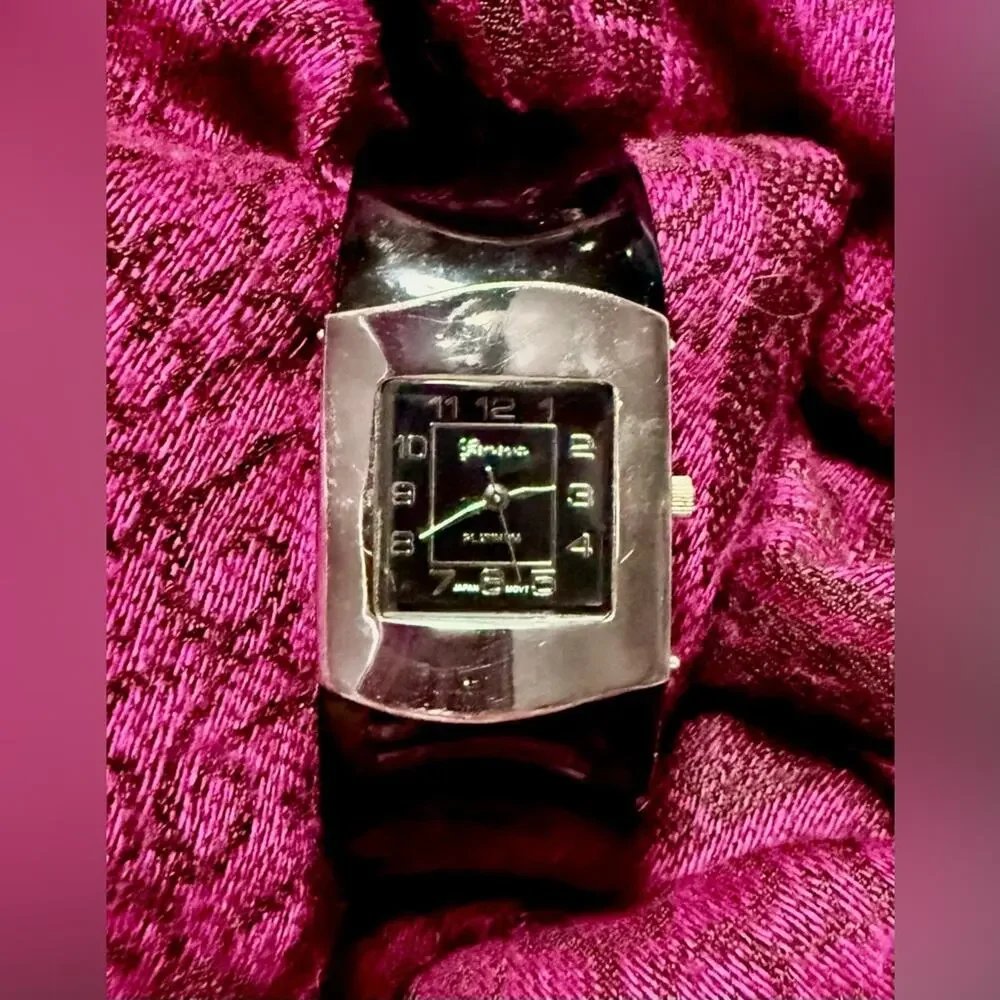 Geneva Platinum Black Cuff Watch + Handmade Beaded Bracelet Set